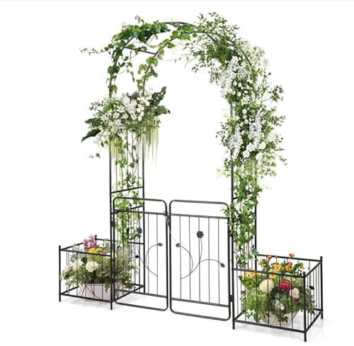 Cenador de jardín de 87 pulgadas con puerta y maceta lateral, arco de jardín de metal con puerta con cerradura, cenador superior arqueado, arco de enrejado arqueado resistente para plantas trepadoras,