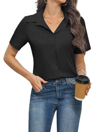 Zeagoo Short Sleeve Blouse Black Chiffon Shirts for Women Button Down Tshirts V Neck Summer Elegant Plain Dress Shirt XL