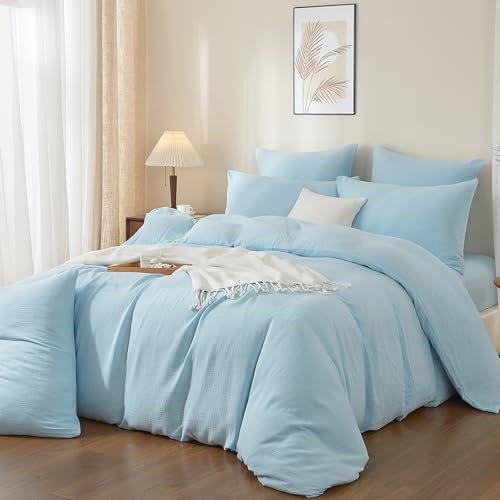 Boqingzhu Muslin Bettwäsche Blau 200x200cm Baumwolle Weich Kuschelig Sommer Baumwollbettwäsche Set Leinen Hellblau Himmelblau Bettbezug 200x200cm und 2 Kissenbezüge 80x80cm mit Reißverschluss