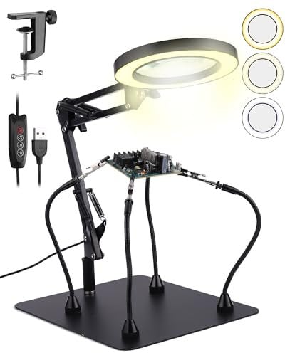 eSynic 8X Magnifier Lamp 4 Magnetic Helping Hands Soldering Station Professional Magnifying Glass with Light/Large Base/Clamp/4Pcs Board Fixed Column/72 LEDs Desk Magnifier for Soldering Craft etc