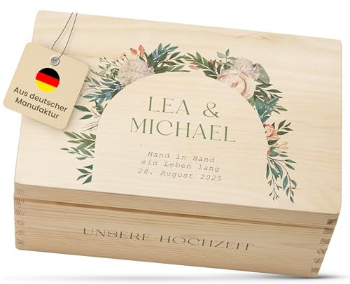 Amari ® Personalisierte Erinnerungsbox aus Holz | Blütenbogen (001.09) | Individuelles Hochzeitsgeschenk Erinnerung Hochzeit Personalisiertes Holzkiste