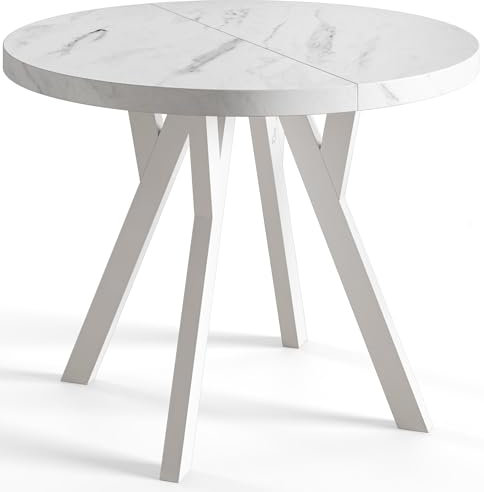AlpiMeble Runder Esszimmertisch OVO, ausziehbarer Tisch Durchmesser: 120 cm bis 220 cm, Wohnzimmertisch Farbe: MARMUR, mit Holzbeinen in Farbe Weiß