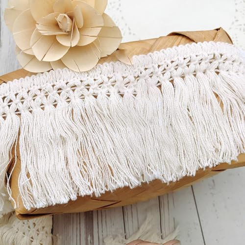 5 Yards 8cm Breite Weiß Baumwolle Quaste Spitzenband Fransenbesatz Spitzenbesatz zum Nähen Fransenborte Quaste Trimmen Nähzubehör für DIY Kostüme Bekleidung Vorhang Kleidung Tischdecke Hochzeit Deko