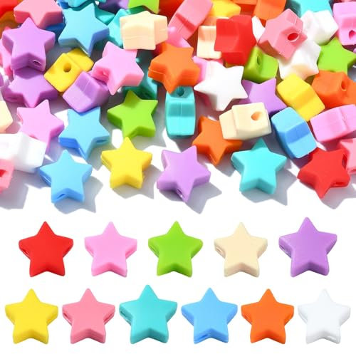 UR URLIFEHALL Lot de 100 perles en silicone colorées en forme d'étoile à cinq branches pour stylos, porte-clés, bijoux, cordon, loisirs créatifs