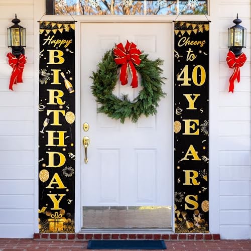 Happy 40th Birthday Door Banner Black Gold 40th Birthday Party Decorations, 40th Birthday Porch Hanging Banner Door Decorations for Women Men 40 Year Old Garden Indoor Outdoor Black Gold