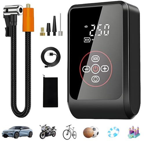 Car Tyre Inflator Air Compressor, Electric Car Tyre Pump 4000Mah 12V, 150 PSI Portable Tyre Inflator with LED Light & 4 Nozzle, Rechargeable, Motorcycle, Bike, Balls, Hose 30cm