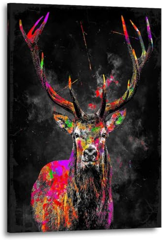 Kunstgestalten24 | Hirsch Pop Art Bunt Leinwandbild | Moderne Wandbilder für das Wohnzimmer | Tier Wanddeko | XXL Kunstdruck auf Leinwand