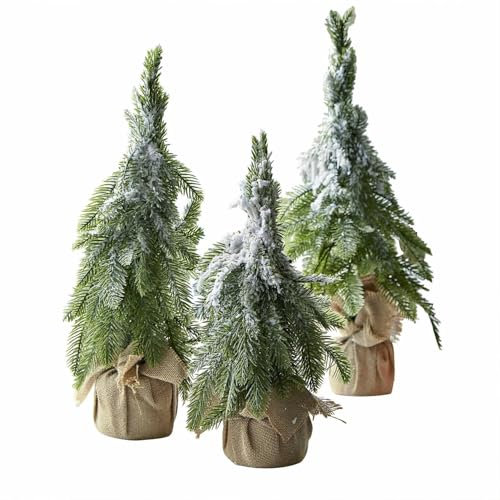 Loberon Deko-Baum 3er Set Selitor, DREI Größen, Realistische Schneebeflockung, Biegbare Zweige, Weinachtsdeko, Weihnachten, Polyethylen, Baumwolle, Jute, grün