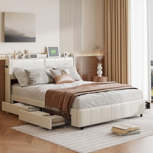 BHFFTHK Polsterbett Doppelbett 160x200,Stauraumbett mit 4 Schubladen,LED Kopfteil mit USB,Rückenlehne Bett mit Stauraum und Lattenrost aus Holz,PU-Leder,Jugendbett Bettgestell,Weiss