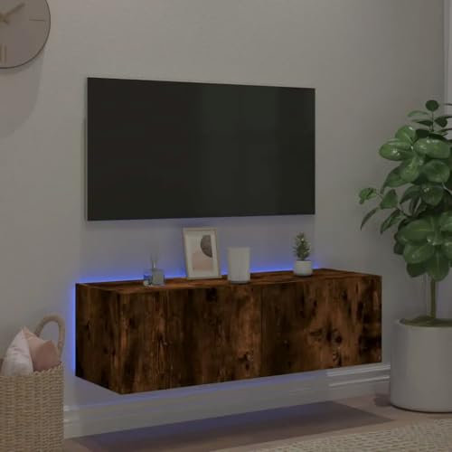 Canditree 100 cm Floating TV Cabinet with LED Lights, Floating TV Stand with Storage, Wall Mounted Entertainment Center (Smoked Oak)
