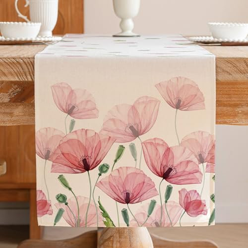 Tischläufer Frühling Sommer Rosa Blumen Botanical Modern Tischdekoration Grünes Blatt Table Runner Saisonnal Küche Esstisch Dekoration ür Draußen Urlaub Party Wohnzimmer Dekor 40 x 140 cm