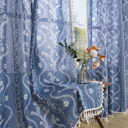 Schweek Blaue Boho-Vorhänge für Wohnzimmer, rustikale Western-Vorhänge, 213 cm Länge, halbtransparent, marineblau, Vintage-Stil, Bauernhaus, bedruckt, gemusterte Vorhänge