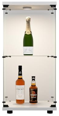 RWUDV Vitrine en verre avec éclairage LED, 86 x 43 x 37 cm, vitrine moderne avec 2 étagères, 1 porte, vitrine en verre, vitrine sur pied, en verre trempé et bois, pour salon