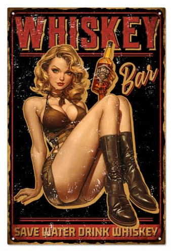 WADORN Vintage Pin Up Lady Whiskey Metal Tin Sign, 7.8x11.8 Inch Funny Retro Bar Man Cave Tin Sign WHISKEY BAR SAVE WATER DRINK WHISKEY Wall Art Poster Plaque Decor for Home Bar Man Cave Club
