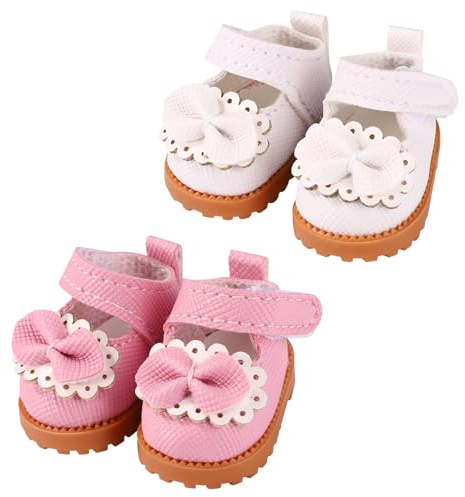 Lyreh 2 Paar Mini-Puppenschuhe für 17 cm Große Puppen, Kawaii Mode Lederschuhe Süßes Spielzeug Outfit Zubehör (Pink, Weiß)