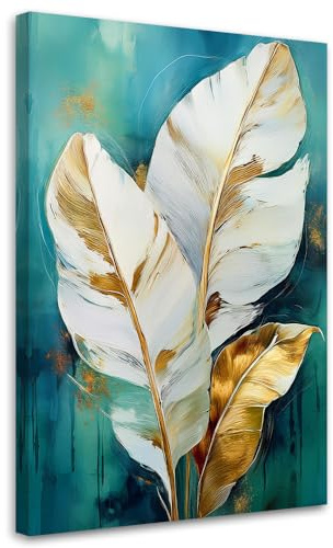 Feeby Wandbilder - Bilder Schlafzimmer - Weiße und goldene Blätter - 60x90 1tlg - Wohnzimmer Bild Groß - Wohnungs - Foto Geschenk - Leinwand Wall Art - Wand Deko