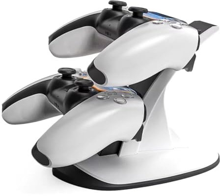 Base di ricarica rapida per controller PS5 Playstation 5 con connessione USB-C e indicatori LED, caricatore rapido per 2 telecomandi Playstation 5, design compatto ed elegante