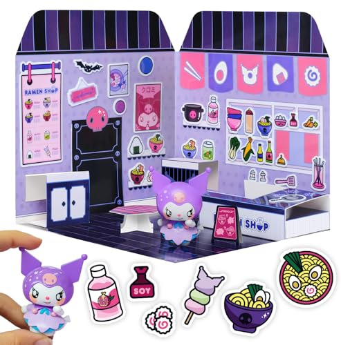 Playset Kuromi Ramen Shop 40+ Stickers and 6cm Figurine | 3D House Restaurant Reusable Stickers | Kawaii Foodcourt Sticker House | Comansi