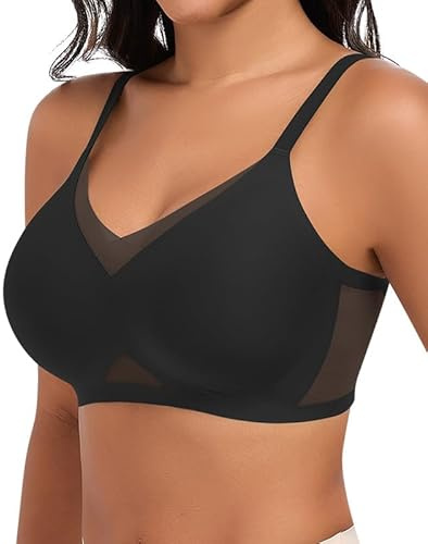 Cavotor Wireless Bras for Women Mesh Comfort Bra Non Wired Padded Support Wire Free Bras for Large Busts Soft Bralettes with Extender (Black,2XL)