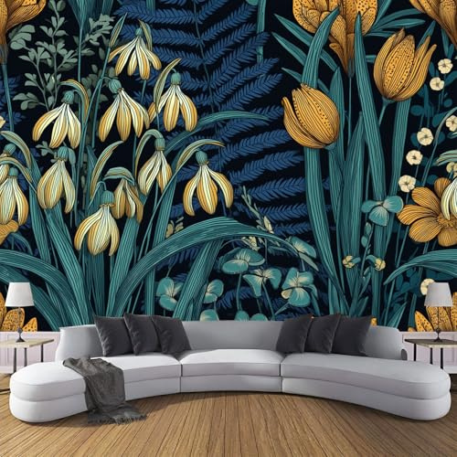 Farn Wandschutzfolie Silber Dunkelblau Tapete Rolle Blüten Blätter Vliestapete Mit Wanddekoration Für Wohnzimmer Schlafzimmer Büro 250X175Cm (B×H)