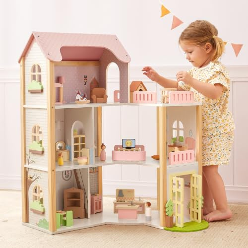 OOOK Wooden Dollhouse with 60 Pcs Luxurious Accessories and Furniture | 4 Dolls and 2 Pets, Large 3-Story Doll House with 6 Rooms, Doll House for Girls Boys Age 3+