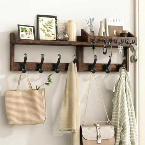 Xygobla Wall Mounted Coat Rack with Shelf & 11 Metal Hooks | 29 Inch 4-in-1 Entryway Organiser, Key and Mail Holder | Durable Wood & Carbon Steel for Living Room, Bedroom, Hallway | Rustic Brown
