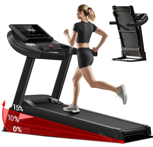 UMAY Laufband mit Steigung 14km/h, Laufband Für Zuhause Klappbar mit 3,0 PS Motor und 3 Steigungsstufen, Foldable Treadmill for Home mit 12 Trainingsprogrammen, Max Belastung 136KG