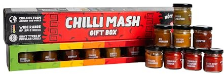 HOT CHIP MASHBOX Chili-Püree Geschenkset - 8 x 35 ml Chillipaste Tasting Box - Vielfalt, zum Kochen, Würzen, Saucen, Suppen, Fleisch, Schärfe Geschenk - Hot Pastasaucen Set Geschenk
