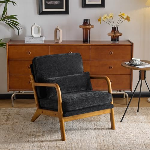 Bonnlo Modern Accent Chair, Soild Wood Lounge Armchairs, Chenille, Black | Occasional Reading Chair with Cushions and Lumbar Pillow, Mid Century Armchairs for Living Room, Bedroom, Guest Room,