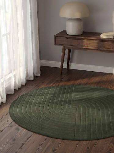 vikosa Arcura - Handgetufteter Wollteppich, Natur Wohnzimmerteppich Rund, Hoch-Tief-Effekt, moderner 3D-Effekt, weich mit geometrischen lineare Design für Wohnzimmer, Schlafzimmer - Grün, Ø150cm