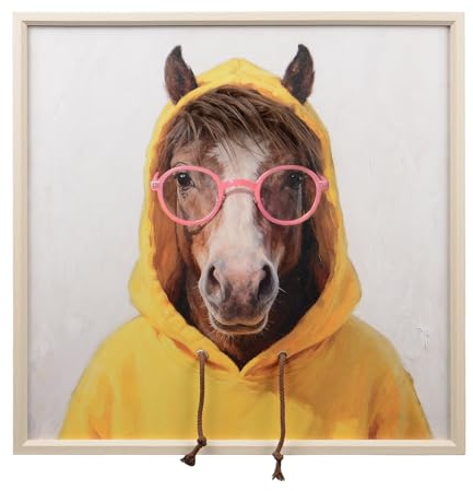 Wall Art 3D Hairfusion Pferd mit gelben Hoodie und Brille in pink 60x60