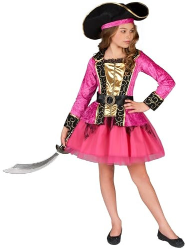 DEGUISE TOI - Déguisement Pirate rose et or fille - Robe - Chapeau - Ceinture - XS 3-4 ans (92-104 cm) - Rose - Déguisements enfants - 100% Polyester - Laver à la main - Carnaval