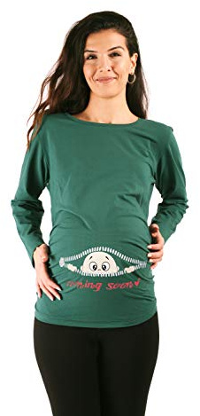 M.M.C. Umstandsshirt Langarm Damen mit Coming-Soon-Motiv – Umstandsmode T-Shirt für die Schwangerschaft, mitwachsende Raffung, 95% Baumwolle (Dunkelgrün, Small)