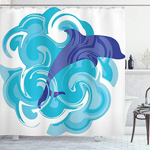 ABAKUHAUS Dauphin Rideau de Douche, Waves Aqua Life Nature, Tissu Ensemble de Décor de Salle de Bain avec Crochets, 175 cm x 200 cm, Violet Blue Sky Blue