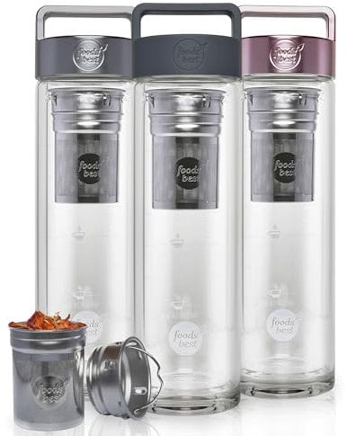 foodsbest® Flasche für alle Getränke, BPA-freie 0,4 L Teeflasche mit Sieb to go, Trinkflasche aus Glas für Kalt- & Heißgetränke, Reisebecher für alle Temperaturen, Thermoflasche - Teekanne - Teebecher