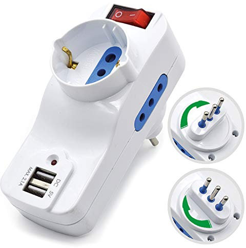 Welly Enjoy IT WY13035 Adattatore Compatto Bianco, 1 Presa Schuko (Tedesca) 2 Prese USB-Spina Rotante Italiana 10A con Interruttore