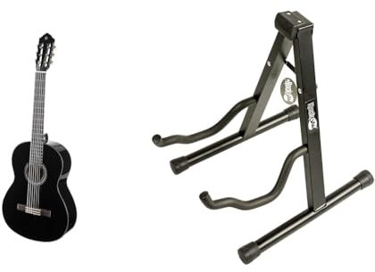 Yamaha C40BLII Akustikgitarre schwarz – 4/4 Gitarre aus Holz & RockJam Universeller tragbarer A-formiger Gitarrenständer für Akustikgitarre, E-Gitarre und Bass