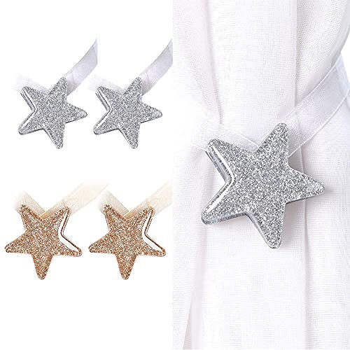 4 Stück, Magnet VorhangschnalleVorhang, Raffhalter Gardinen, Stern Magnet Vorhang Clips, Gardinen Raffhalter, Gardine Raffhalter Clips, für Indoor Bürofenster Vorhanghalterung(Goldfarben,Silberfarben)