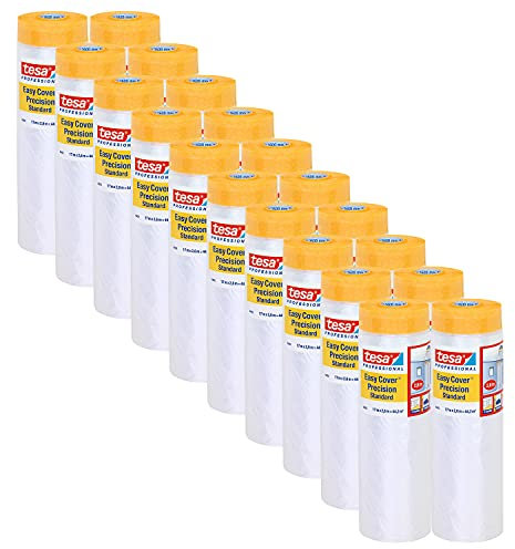 tesa Easy Cover 4402 Präzision Standard - 20er Pack - Malerfolie mit Malerband zum Abkleben und Abdecken - 2-in-1 Abklebeband mit Folie - farblos - je 17 m x 2,6 m