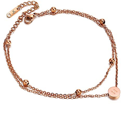 Kim Johanson Edelstahl Damen Fußkettchen *Buchstabe* in Roségold Doppelte Fußkette mit 6 Kugeln | Buchstaben A bis Z | Wasserfest | Frauen Boho Schmuck | Verstellbar inkl. Schmuckbeutel (H)