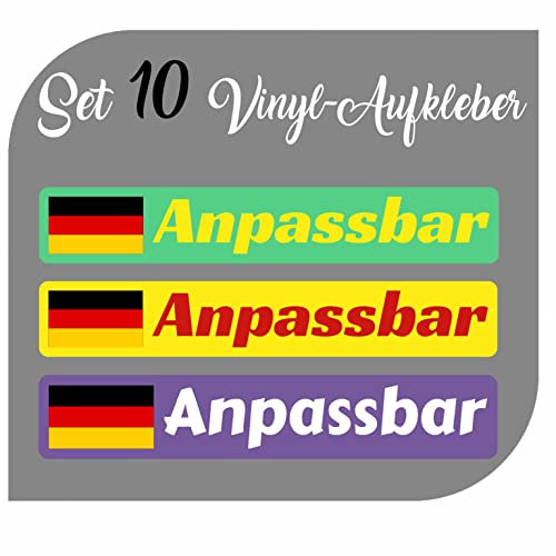 CrisPhy Set mit 10 Aufklebern aus Vinyl, Deutsche Flagge + Ihren Namen – Fahrrad, Helm, Skateboard, Auto, Motorrad etc. – Set 10 Sticker (Schriftpaket 2)