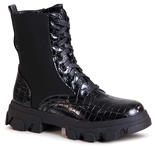 topschuhe24 2270 Damen Plateau Stiefeletten Worker Biker Boots