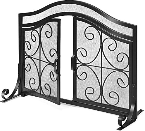 TANGZON Fireplace Screen, Iron Spark Protection Guard with Double Doors, Indoor and Outdoor Fire Place Standing Gate