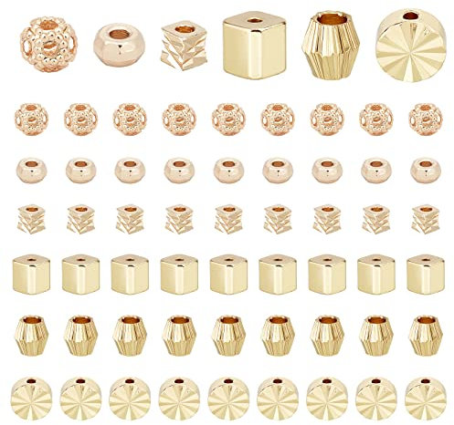 PH PandaHall 60 Stück 18K Vergoldete Perlen 6 Styles Goldene Perlen Langlebige Vergoldete Messing Abstandsperlen Metall Lose Perlen Für DIY Halskette Bracelet Ohrringherstellung, Partys, Feiertage