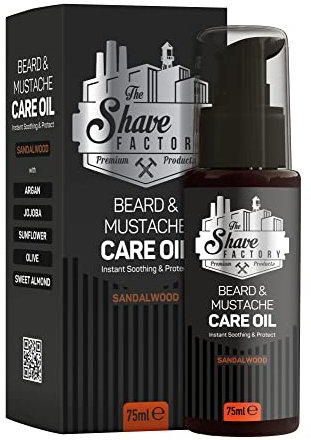 THE SHAVE FACTORY Bart- und Schnurrbartpflegeöl – Sandalwood 75ml – Nährendes Bartöl für Wachstum, Glanz und Feuchtigkeit – Tägliche Pflege für Gesundes, Weiches Gesichtshaar