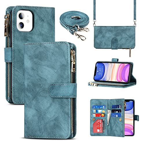 Cavor Crossbody iPhone 11 Case With Card Holder With Strap,Flip Leather Wallet Case,[9 Card Holder] Zipper Detachable Lanyard Phone Case Cover for Women for iPhone 11 - Light Blue