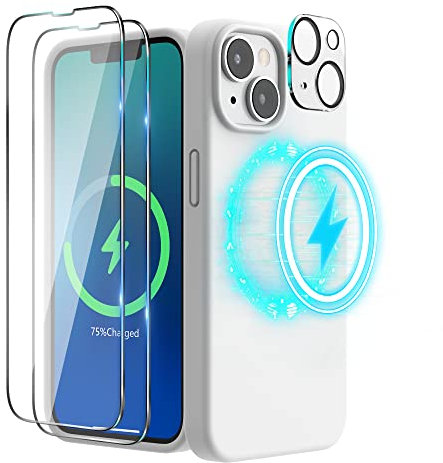 SURPHY Magnetic Silicone Case Designed for iPhone 14 Case, with 2 Pack Screen Protector + 1 Pack Camera Lens Protector, Liquid Silicone Compatible with MagSafe for iPhone 14 6.1 inch, White