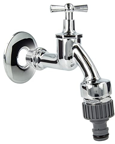 tecuro Auslaufventil 1/2 Zoll, Knebeloberteil, Rohrbelüfter DVGW, Steckkupplung, Wandrosette, Dichtband - Messing hochglanzverchromt - 22762-PWD