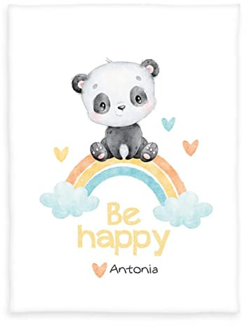 Herding babybest Babydecke, Kuscheldecke mit Regenbogen- und Panda-Motiv, Personalisiert mit Namen (Bestickt), 75 x 100 cm, 100% Polyester