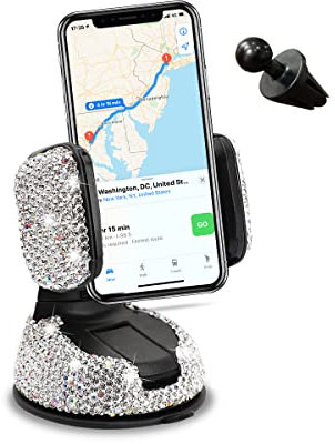 CGEAMDY Bling Autotelefonhalter, 360 Grad Drehung Glitzer Strass Dekoration Smartphone Handy Halter, Multifunktionaler Autotelefonhalter Für Frauen Und Mädchen （Weiß）
